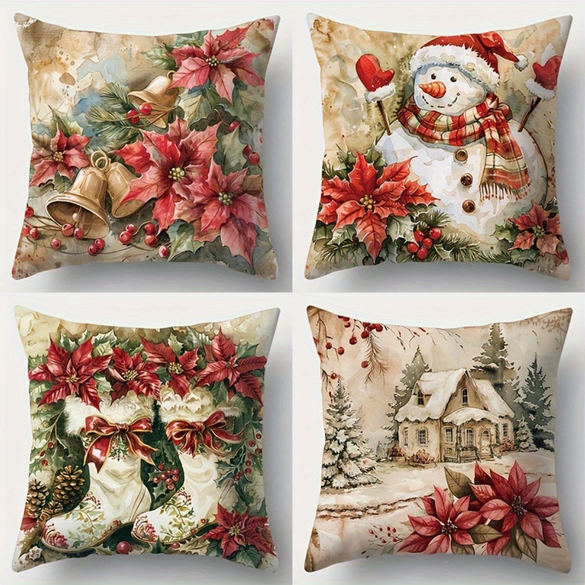 

4pcs Christmas Throw Pillow Covers 18*18 Inch - Holiday Decorative Cushion Covers With Zipper For Living Room - Contemporary Style, Linen - Hand Washable Printed Design, Woven - No Insert