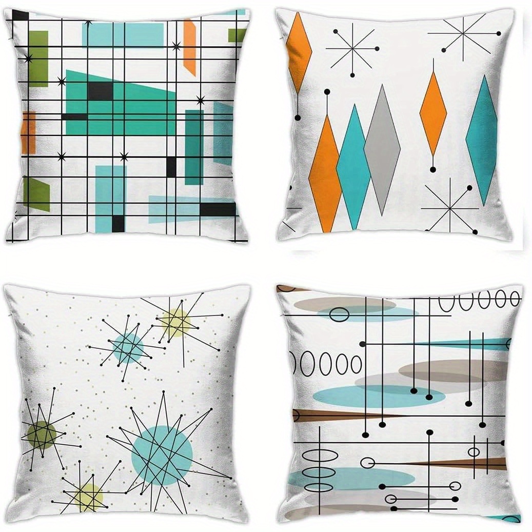 

Modern Mid-century Throw Pillow Cover 18x18 Inch - Grid With Starburst Design, Zip Closure, Machine Washable Polyester For Home Decor