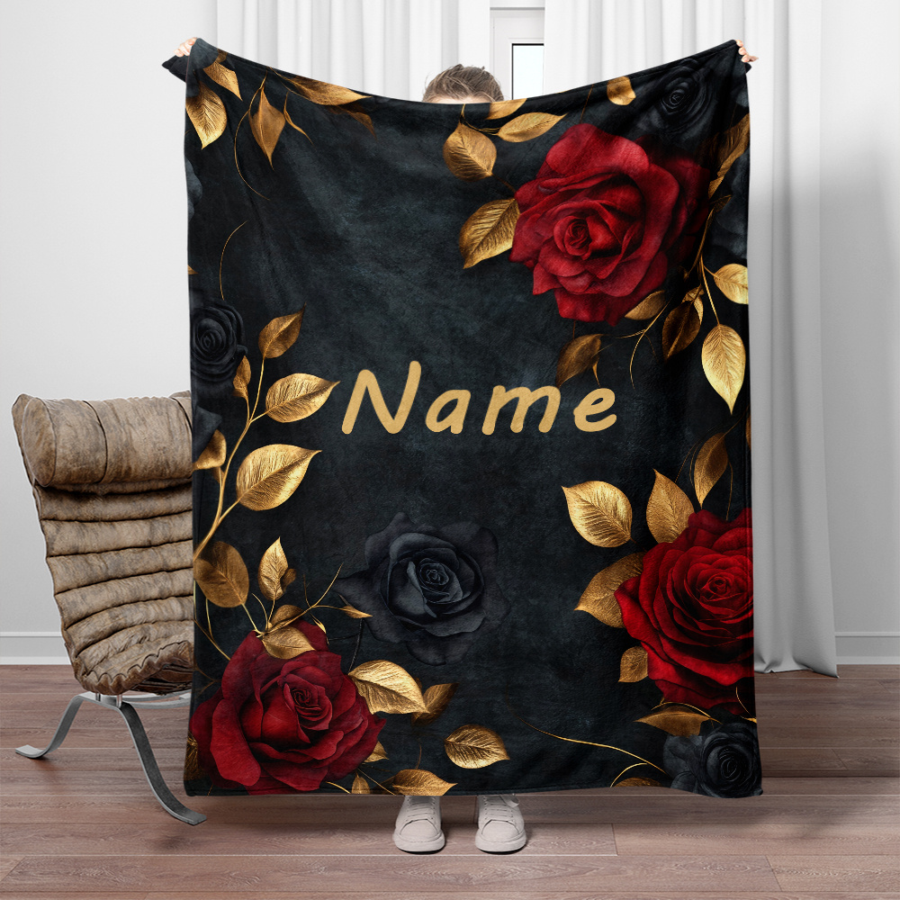 

Custom Name Red Roses & Flannel Throw Blanket - Soft, Lightweight & Warm For Sofa, Bed, Travel, Camping, Office - Personalized Gift Idea