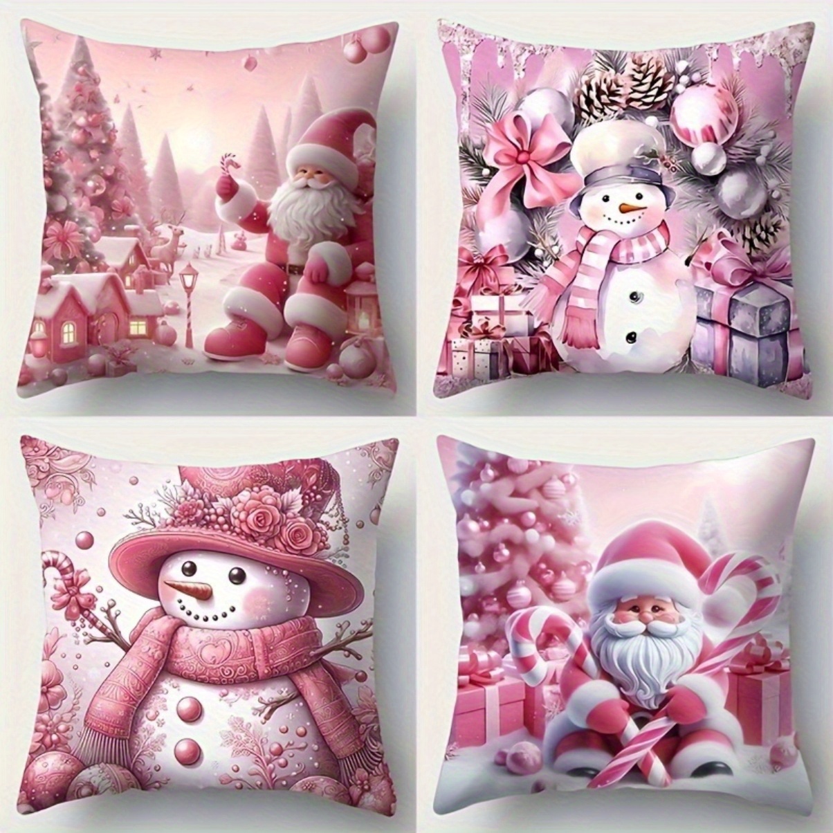 

4pcs Pink Christmas Snowman And Santa Claus Soft Polyester Throw Pillow Covers - Single-sided Print, 17.7" X 17.7" Square Size, A Touch To Home, Office And Car Decor, Easy To Clean And , No Pillow