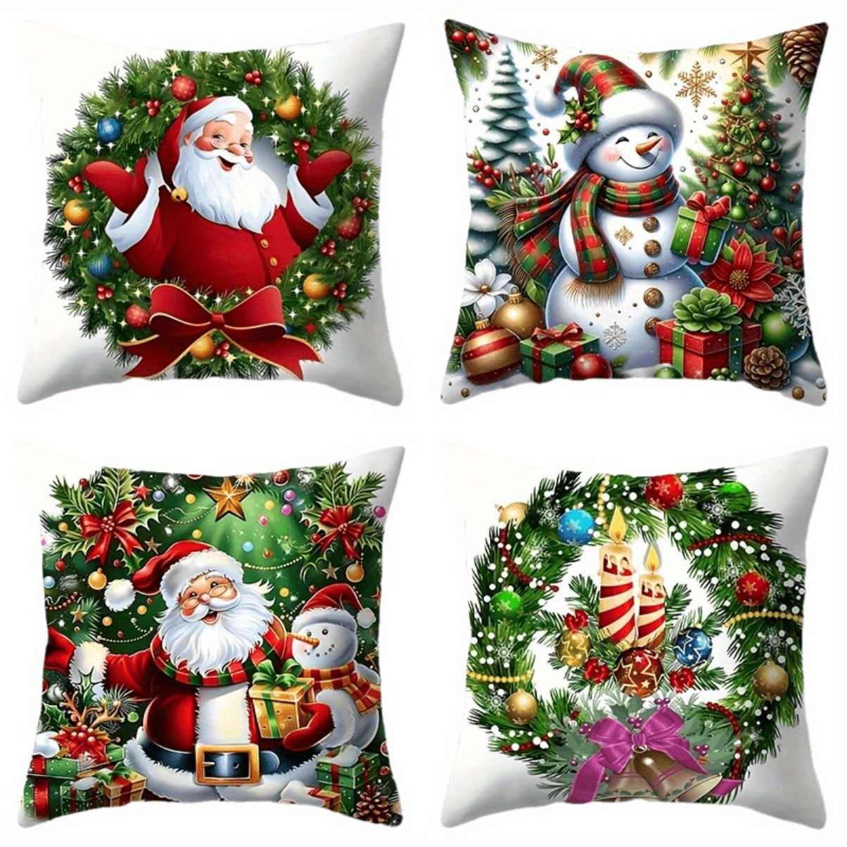 

4pcs Christmas Throw Pillow Covers, 18*18 Inch - Modern Polyester Cushion Covers, Machine Washable, Zipper Closure - Santa And Snowman Prints, Great For Sofa And Living Room Decor - No Insert