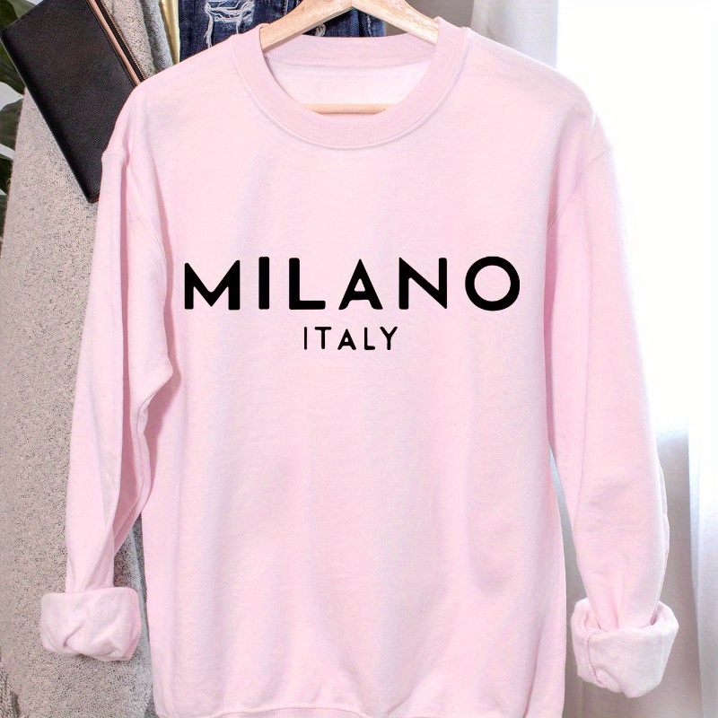 

Italy Alphabet Print Long Sleeve Crew Neck Sweatshirt - 100% Polyester Knit Fabric Casual Pullover For Fall/winter