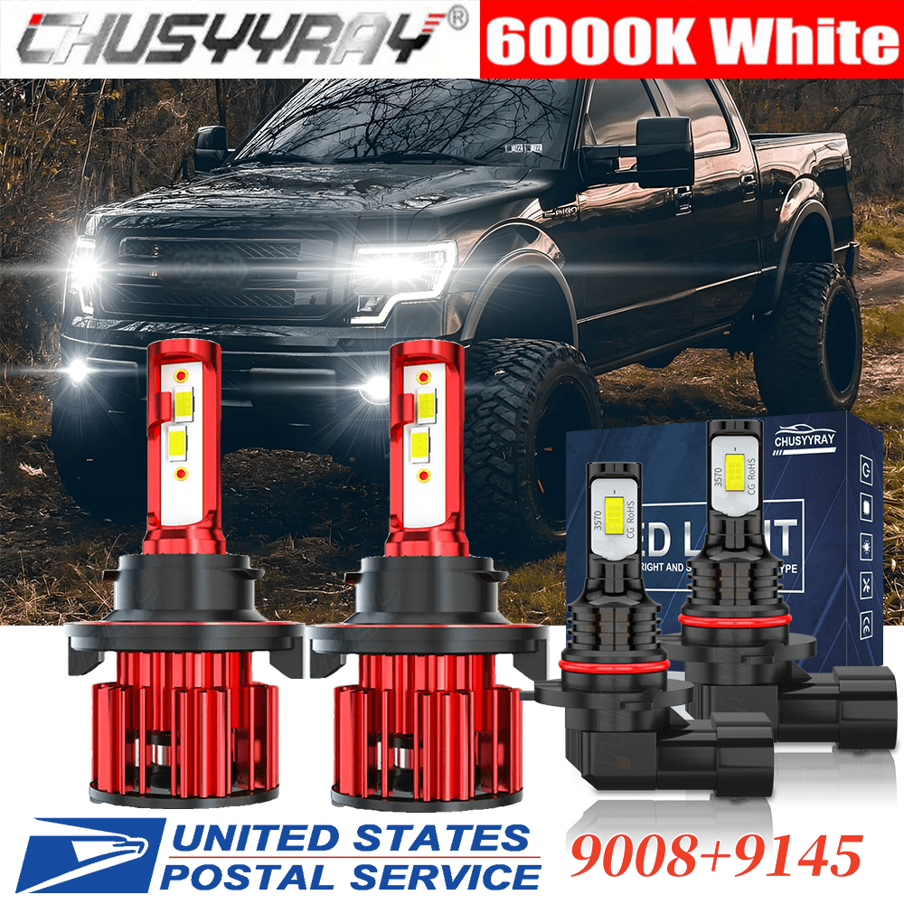 TEMU Led Headlight+fog Light Bulbs Combo 9008+9145 F150 2004-2014 Two-sided Cob Chip 80w 28000lm 6000k Cold White Plug And Play