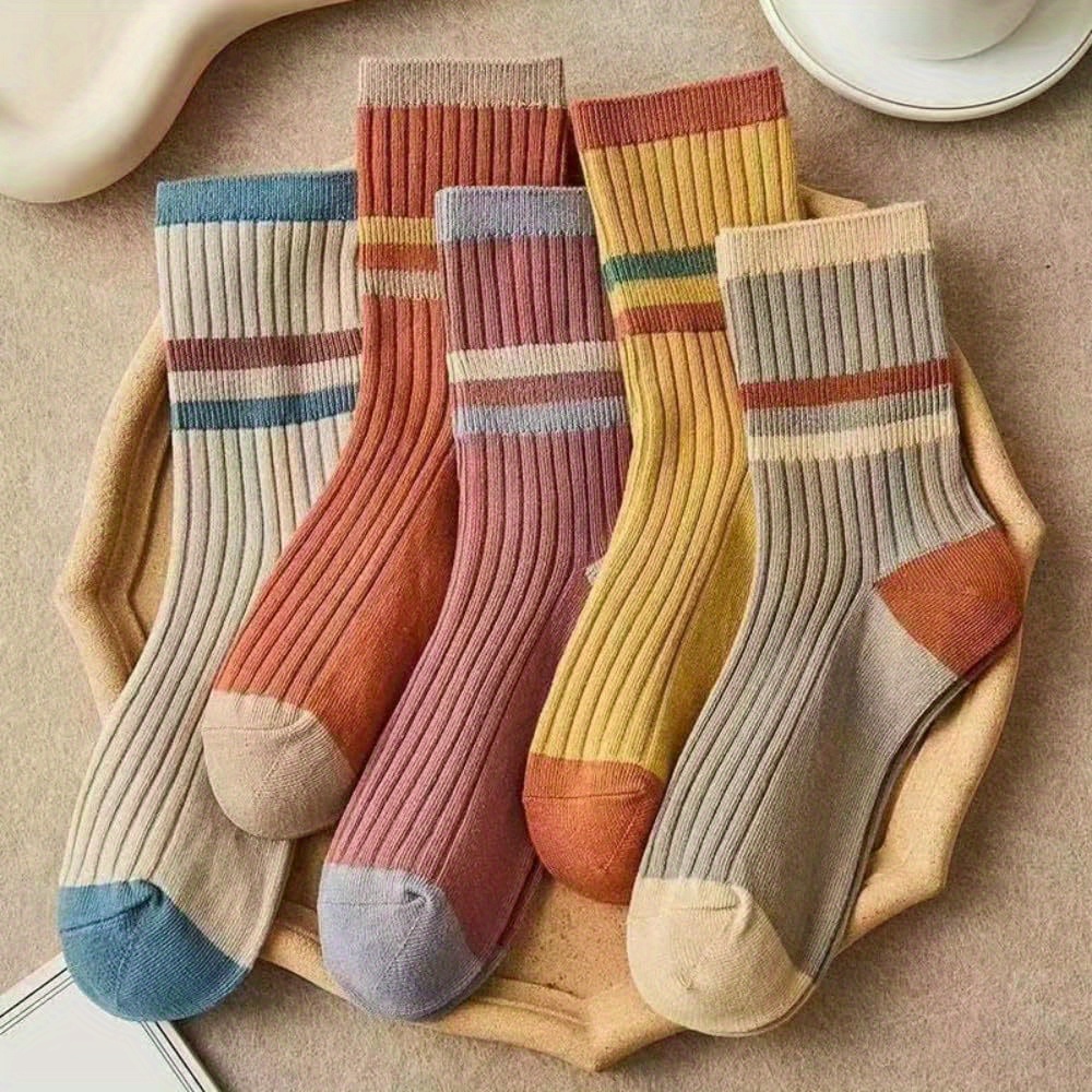 

5-pack Vintage Style Striped Socks, Mid-calf Women's Socks, Cute Sports Socks Polyester And Spandex, Machine Washable Knit Fabric