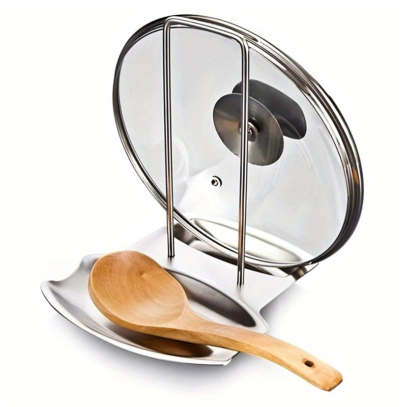 TEMU Stainless Steel Pot Lid Holder With Drain Tray, No-drill Spoon Rest With Removable Stand, Kitchen Organizer For Of Lids And Draining, Pot Lid