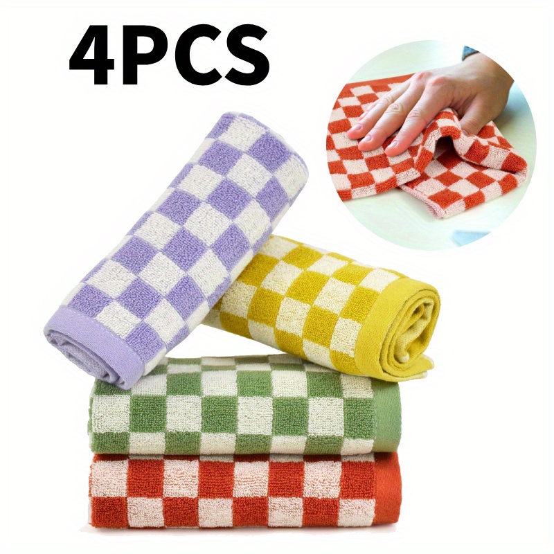 

4pcs Green, , Orange And Yellow Checkerboard Washcloths, Pure Cotton Soft Absorbent And , Absorbent And Quick-drying Towels, Suitable For Outdoor Hiking, Camping, Traveling