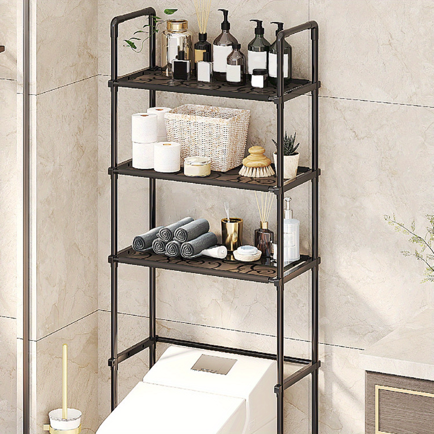 

1pc Space-saving 3-tier Metal Bathroom Storage Rack - Freestanding Organizer For Toiletries, Adjustable Shelf, Laundry, Toilet, , Black