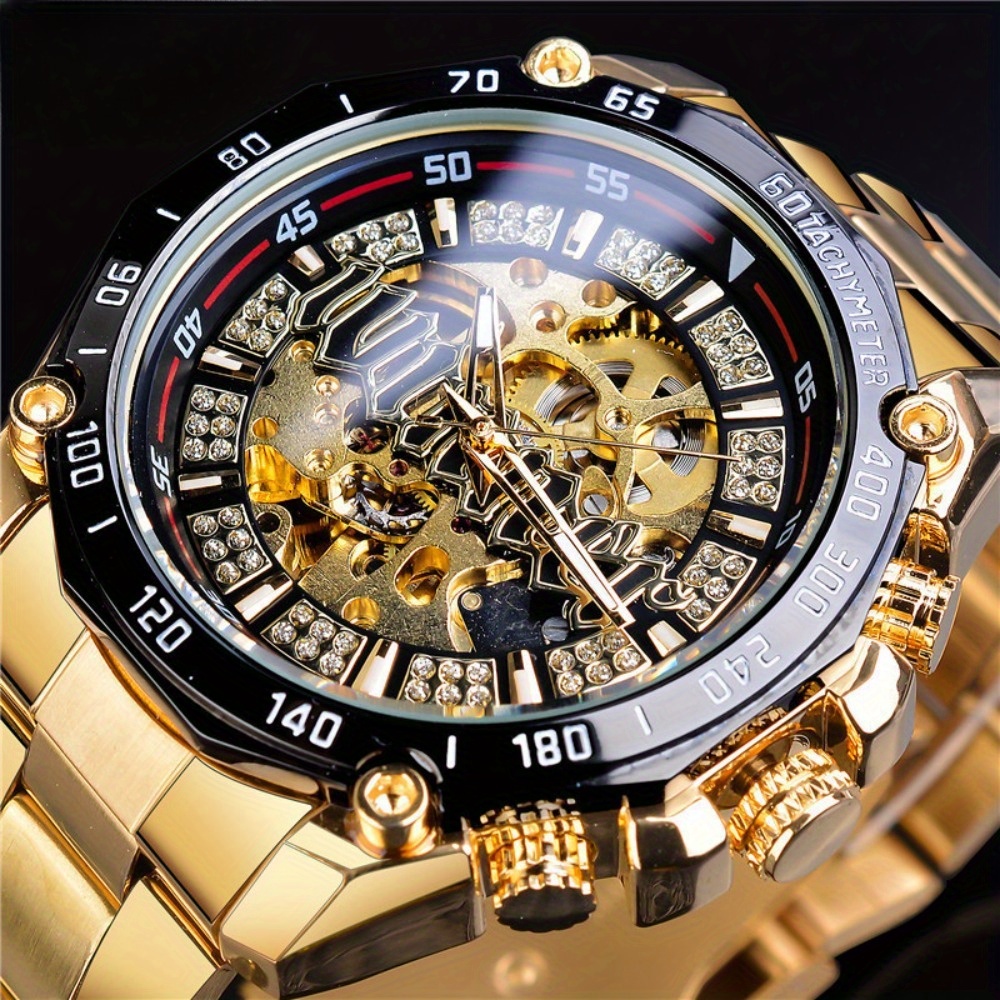 

Men's Luxury Golden-tone Automatic Mechanical Watch With Skeleton Dial, Stainless & Crystal Accents – Stylish Display For Casual Or Business Wear