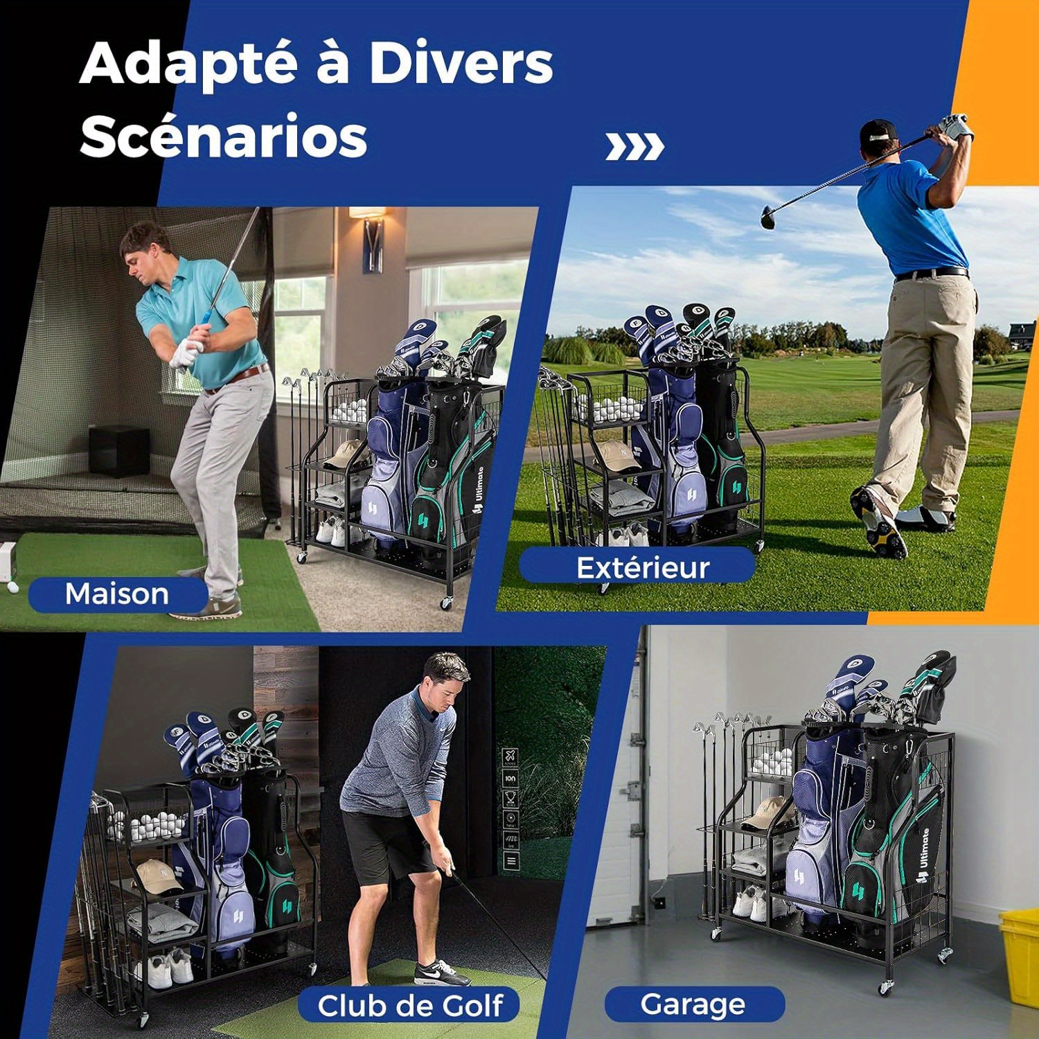 organisateur   pour   les sacs de golf, support de sac de golf pour 2 sacs de golf avec étagère supplémentaire