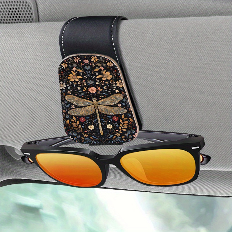 

1pc Dragonfly Floral Print Magnetic Pu Leather Fashion Glasses Holder For Car Visor – Easy No-damage Installation, Fits Models, Stylish And Functional Accessory