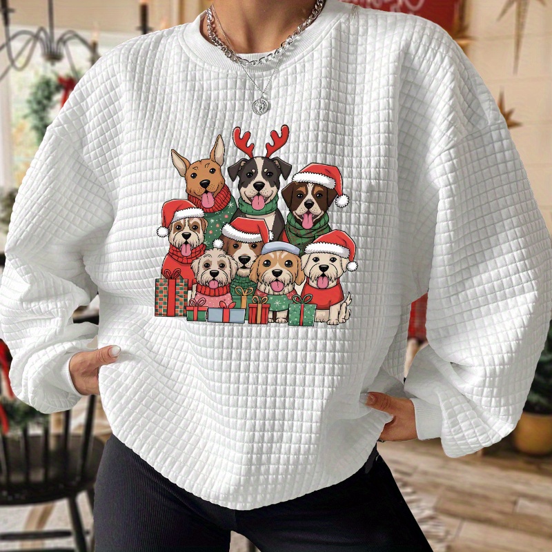 

Christmas Dogs Print Waffle Sweatshirt, Crew Neck Casual Sweatshirt For Fall & Winter, Women's Clothing