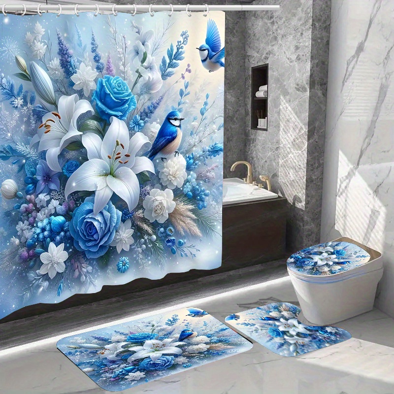 

1pc/4pcs Waterproof Bathroom Shower Curtain Set With 12 Hooks Toilet Seat Bath Mats And Rugs Non-slip Carpet Toilet Covers Polyester Fabric Washable Curtain For Windows Bathroom Accessories (open)