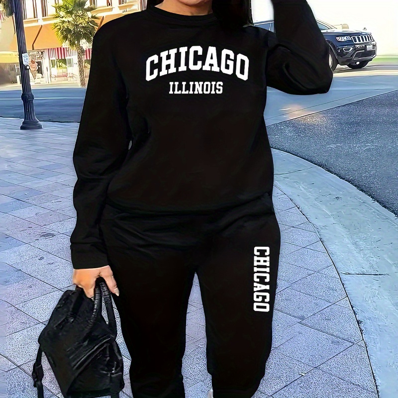 

Chicago-inspired Women's Casual Sweatshirt & Joggers Set - Cozy Knit, Machine Washable, Fall/winter