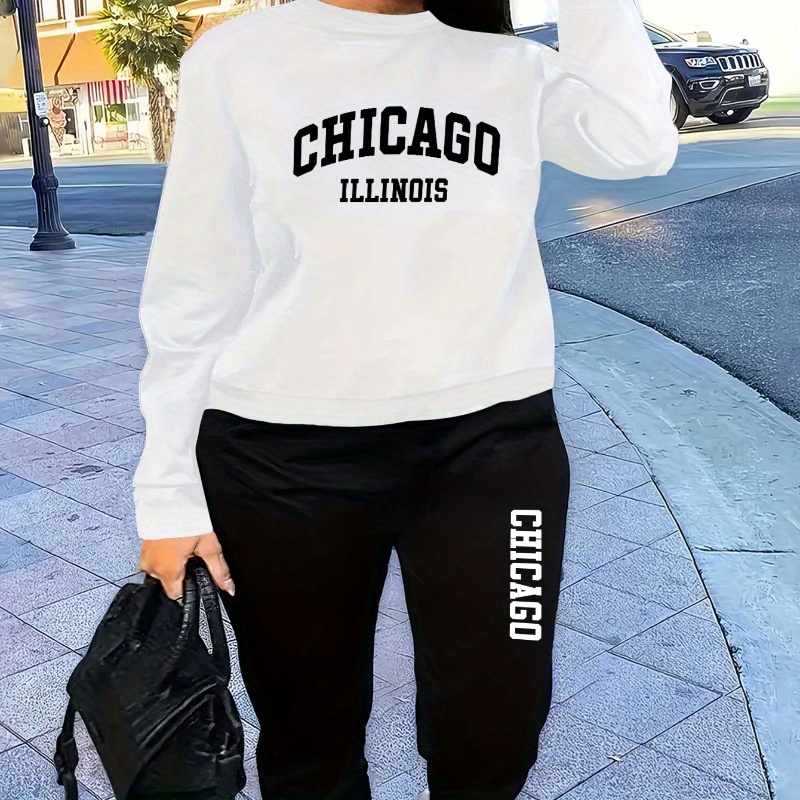 

Women's Chicago Printed Sweatshirt And Pants Set, Casual Knit Fabric, Polyester, Round Neck, Fall/, Ladies Outfit