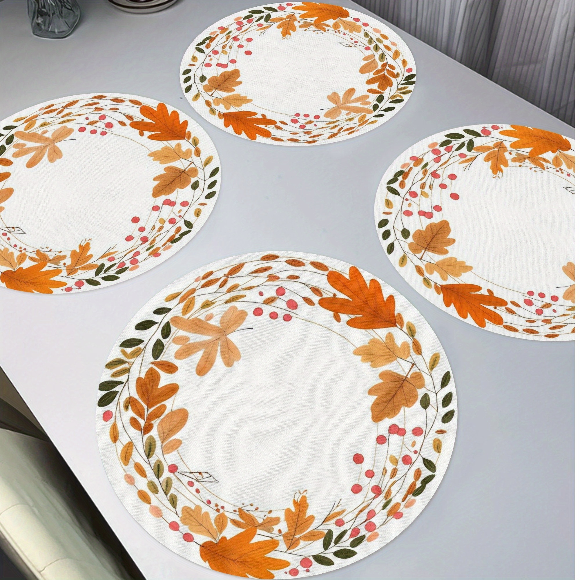 

4-pack Jit Thanksgiving Placemats, 15" Round Maple Leaf Wreath Design, Autumn Seasonal Table Mats, Non-slip, Washable, Heat Resistant, Polyester, Hand Wash Only, For Party Kitchen Dining Decor