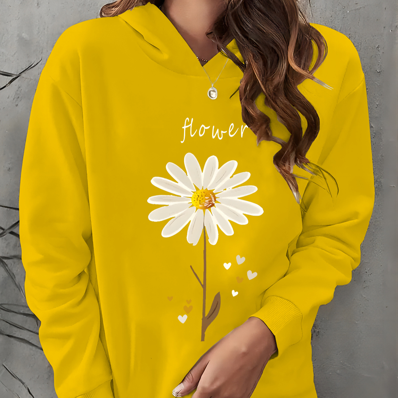 

Women's Casual Hoodie With Daisy Print - Cozy Knit Pullover, Long Sleeve, Drawstring Hood - Fall & Winter