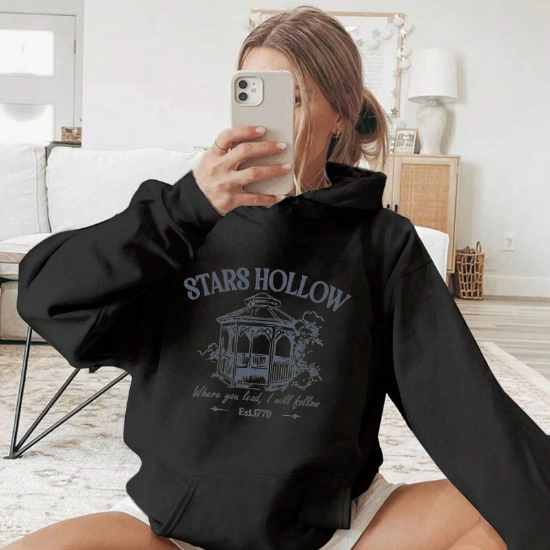 

Stars Hollow Graphic Sweatshirt For Women - Casual Long Sleeve Hoodie With Geometric Pattern, Knit Fabric, Regular Fit, Polyester 100% - Alphabet Letter Design, , For Sports And