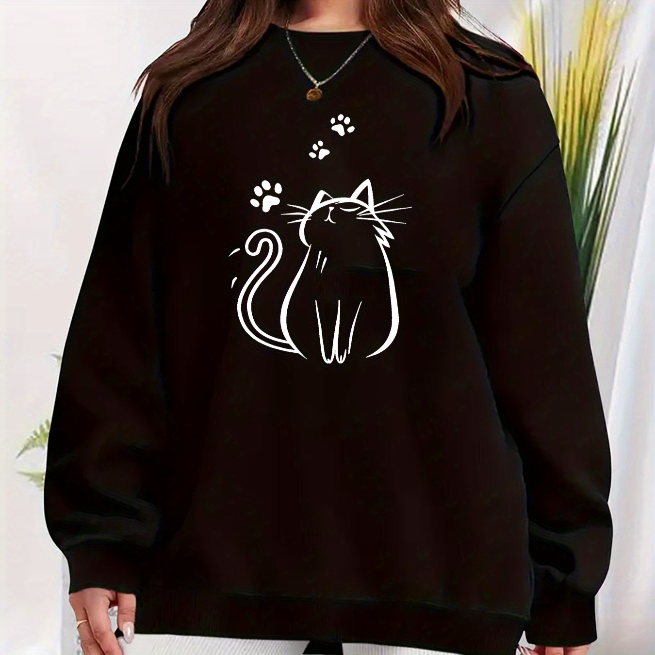 

1pc Whimsycat Women's Sweatshirt, Polyester Slight , Long Sleeve Top Cat Drawing ,