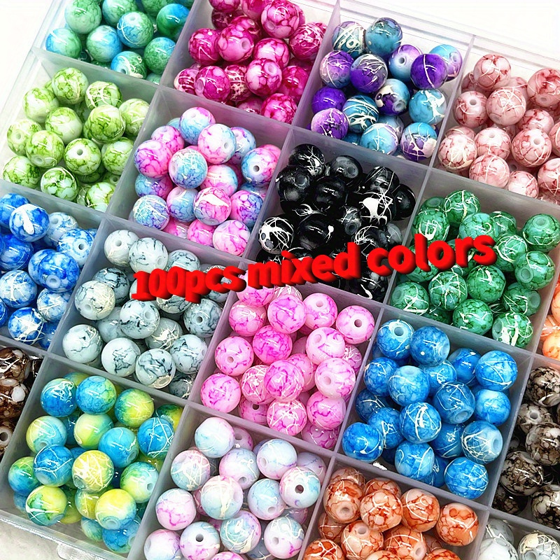 TEMU 100pcs Round Glass Spacer Beads Set For Jewelry Making, Patterned Beads, Ideal For Diy Bracelets, Necklaces - Christmas Gift, Vacation & Tribal Style, No