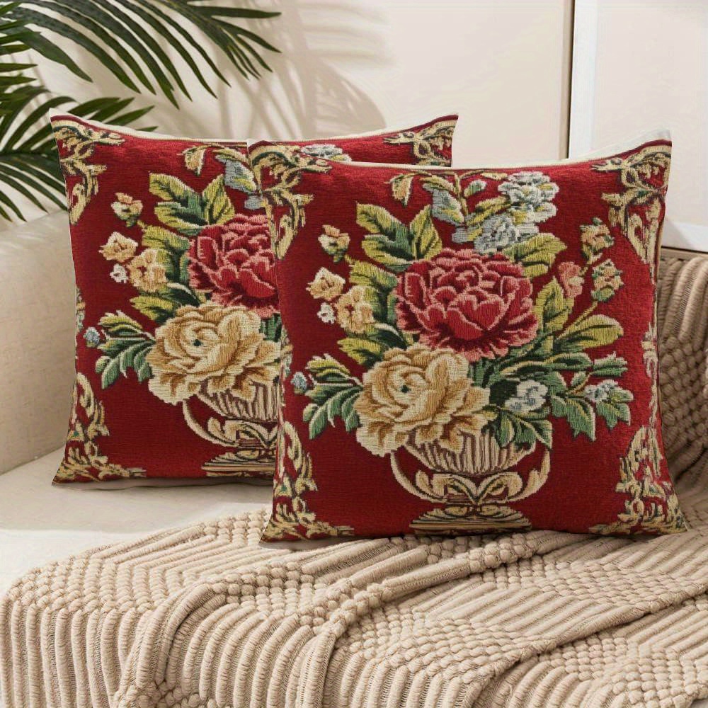 

2pcs Traditional Embroidered Floral Throw Pillow Covers, Red Vintage Style, Machine Washable Polyester Cushion Cases With Zipper For Sofa, Bed, And Chair Decor - Woven Fabric, Living Room Accent
