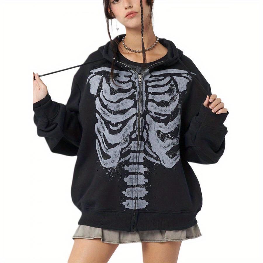 [Black Zipper Hooded Coat] Women'S Spring Autumn Casual Hooded Coat Black Long Sleeve Skull Print Zipper Hoodie