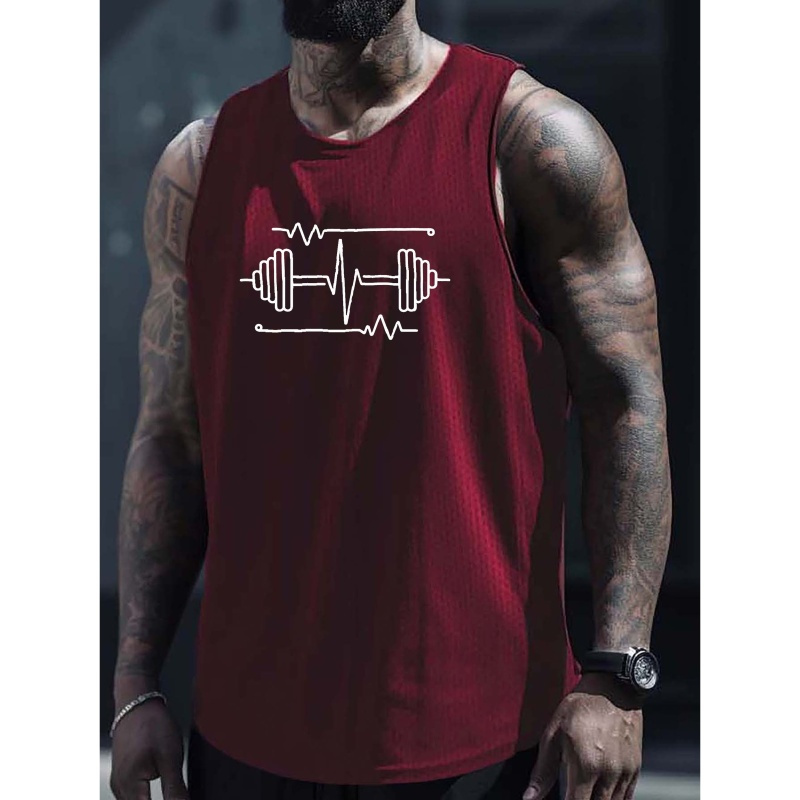 

Men's Athletic Tank Top With Dumbbell & Ekg Design - Breathable, Quick-dry Sleeveless Shirt For Gym, Running & Training - Summer Essential