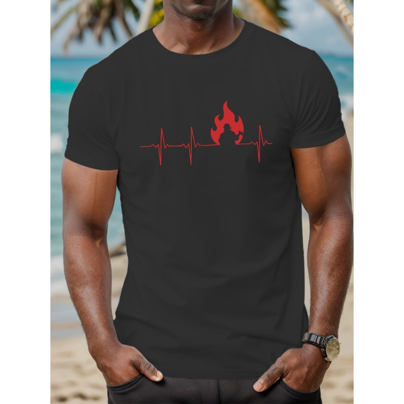 

1pc Men's Casual Ekg Heartbeat Fire Rescue Graphic T-shirt - Summer Short Sleeve Crew Neck Polyester Knit Tee With Geometric Pattern, Regular Fit - Breathable & Stretchy