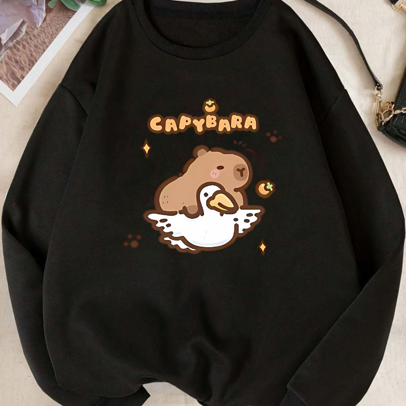 

Chic Capybara & Goose Print Women's Sweatshirt - Casual Long Sleeve Crew Neck Pullover, Soft Polyester , Machine Washable