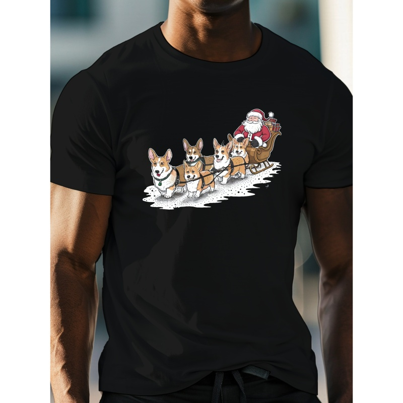 

Men's Polyester Crew Neck T-shirt With Santa And Corgis Sleigh Print - Geometric-pattern, , Slight Stretch, Knit Fabric, Regular Fit