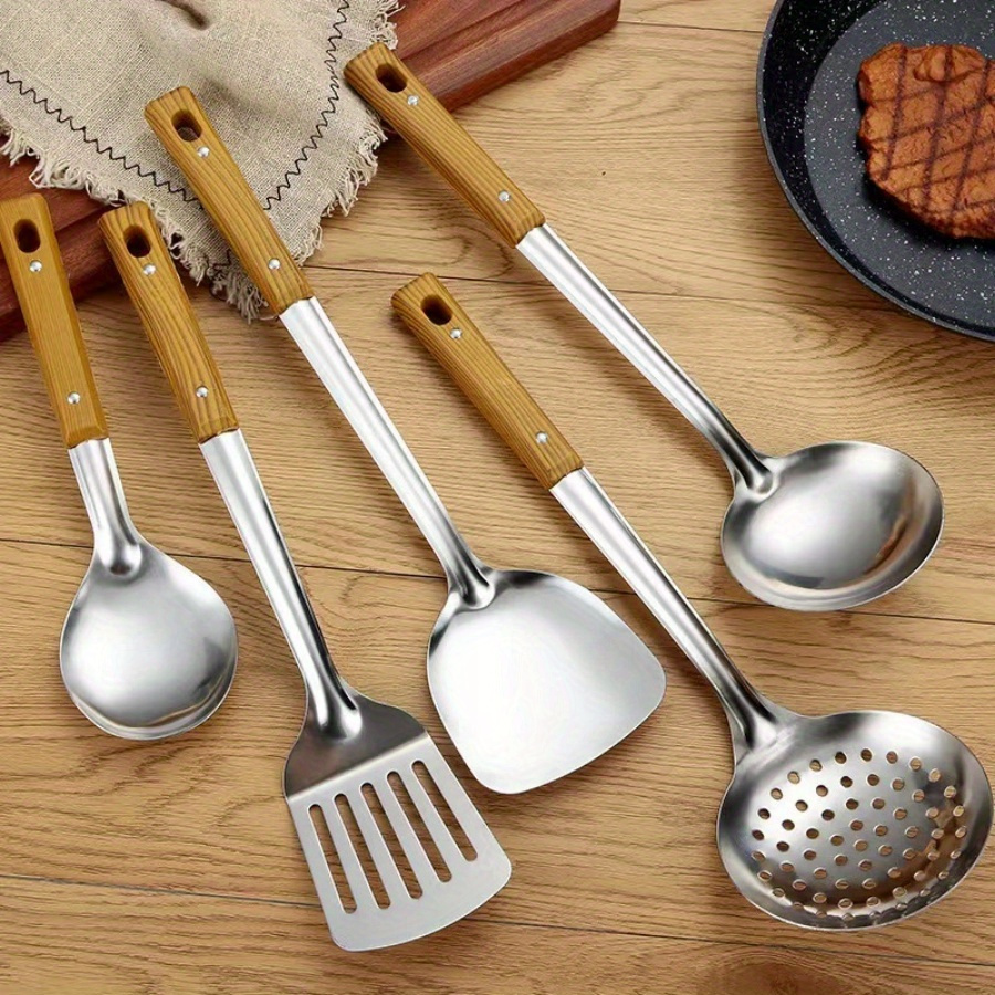 

5pcs Kitchen Cooking Utensil Set, Wood Grain Handle, Heat Resistant Thickened Stainless Steel, Spatula, Ladle, Serving Spoon, Strainer, Non-slip Grip, Food Contact Safe, Home Kitchen Supplies