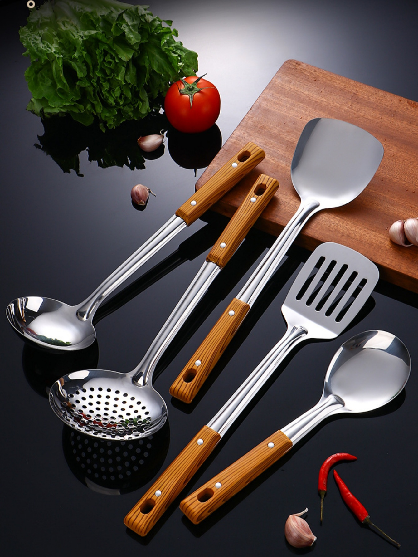 5pcs kitchen cooking utensil set wood grain handle heat resistant thickened stainless steel spatula ladle serving spoon strainer non   food contact safe home kitchen supplies details 0