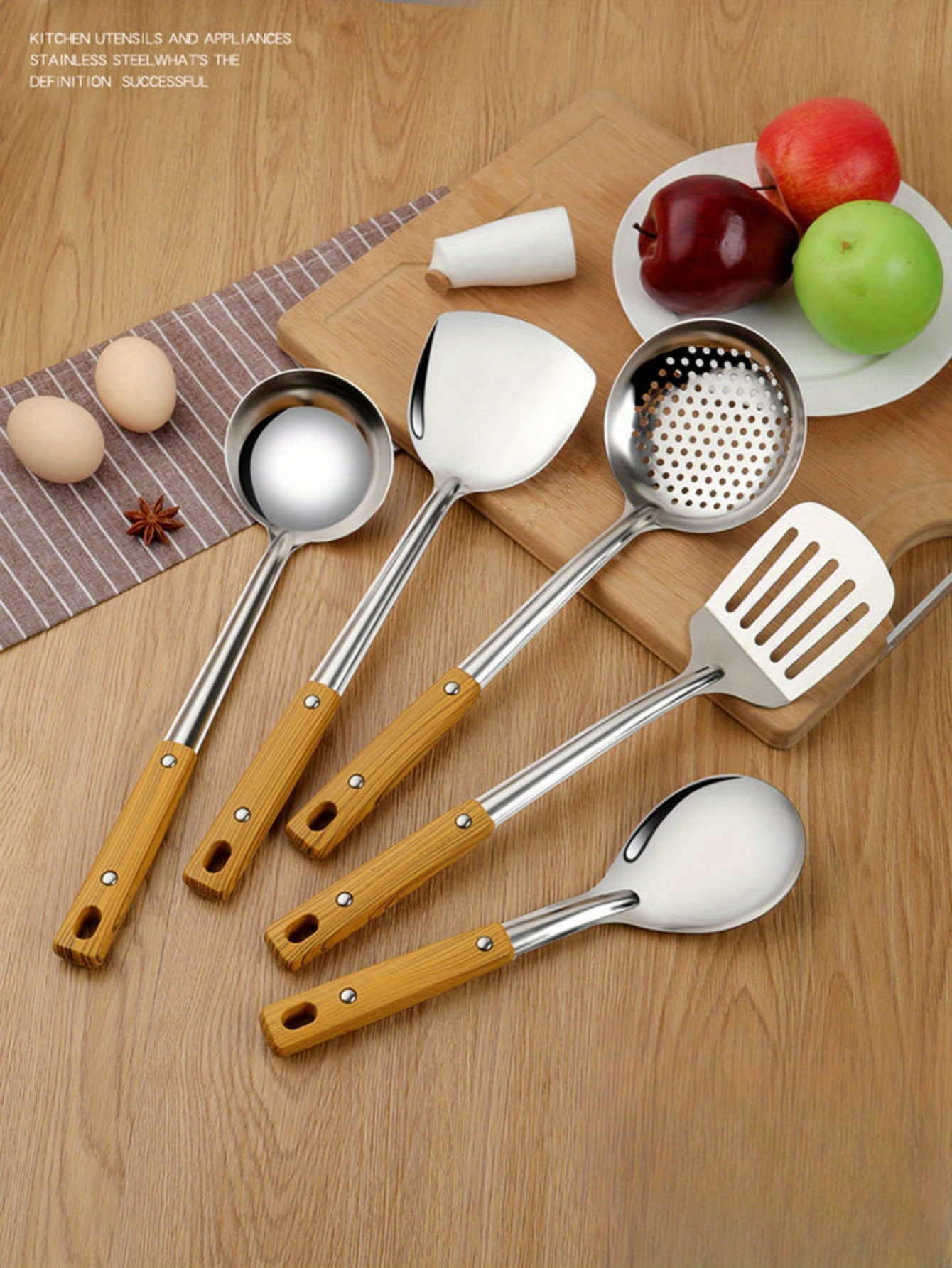 5pcs kitchen cooking utensil set wood grain handle heat resistant thickened stainless steel spatula ladle serving spoon strainer non   food contact safe home kitchen supplies details 1