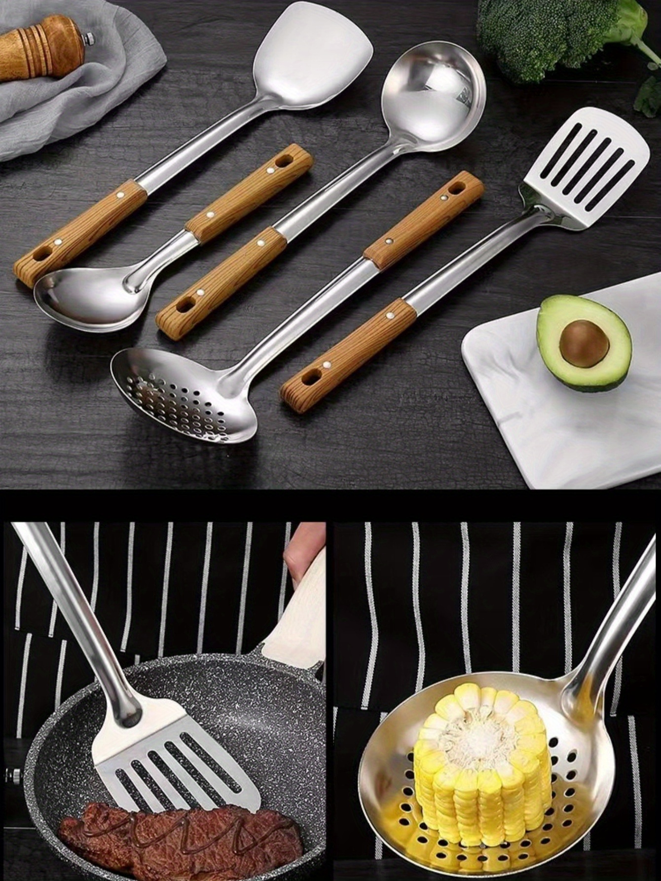 5pcs kitchen cooking utensil set wood grain handle heat resistant thickened stainless steel spatula ladle serving spoon strainer non   food contact safe home kitchen supplies details 4