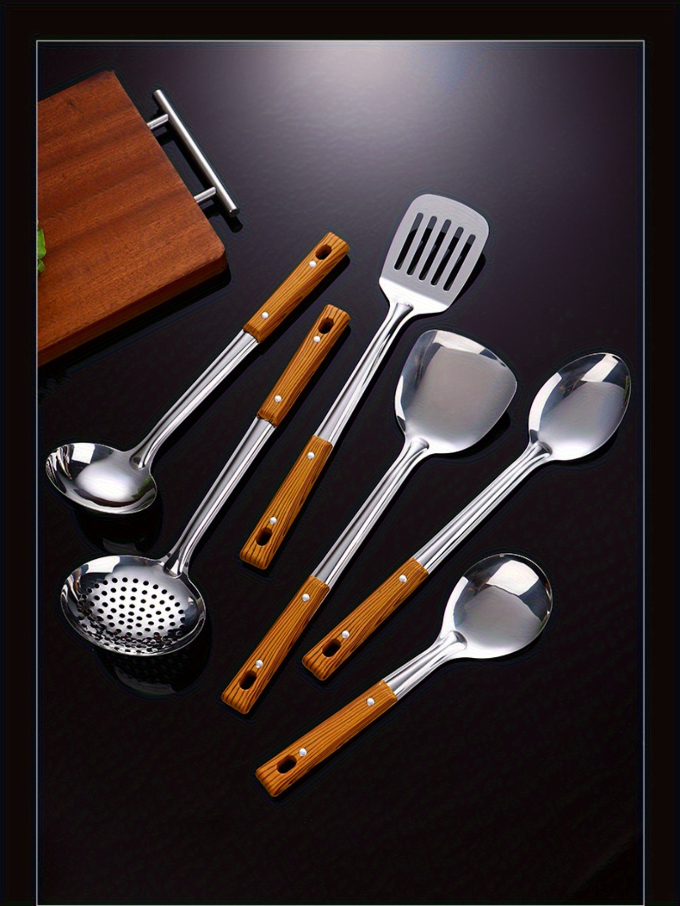 5pcs kitchen cooking utensil set wood grain handle heat resistant thickened stainless steel spatula ladle serving spoon strainer non   food contact safe home kitchen supplies details 5