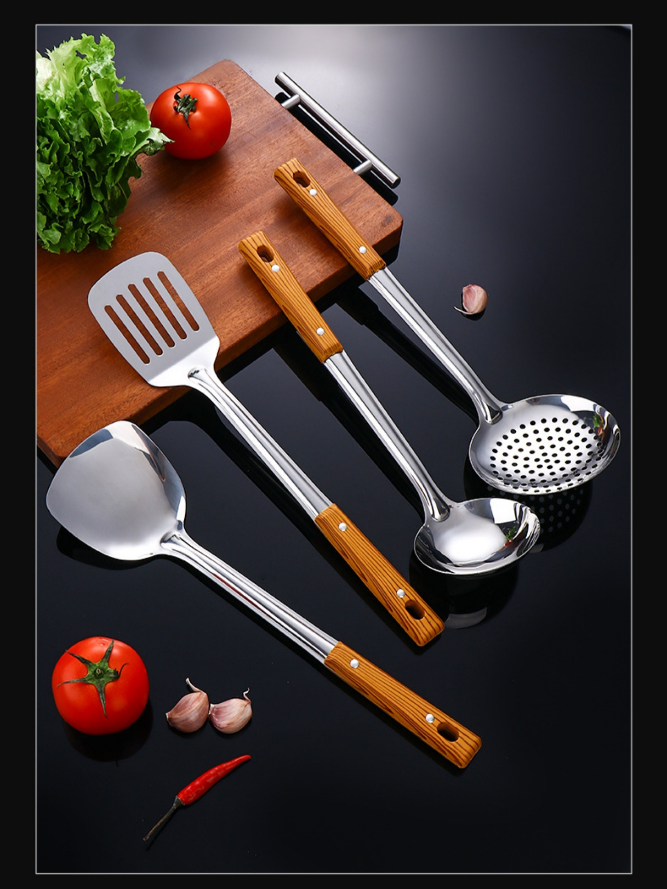 5pcs kitchen cooking utensil set wood grain handle heat resistant thickened stainless steel spatula ladle serving spoon strainer non   food contact safe home kitchen supplies details 6