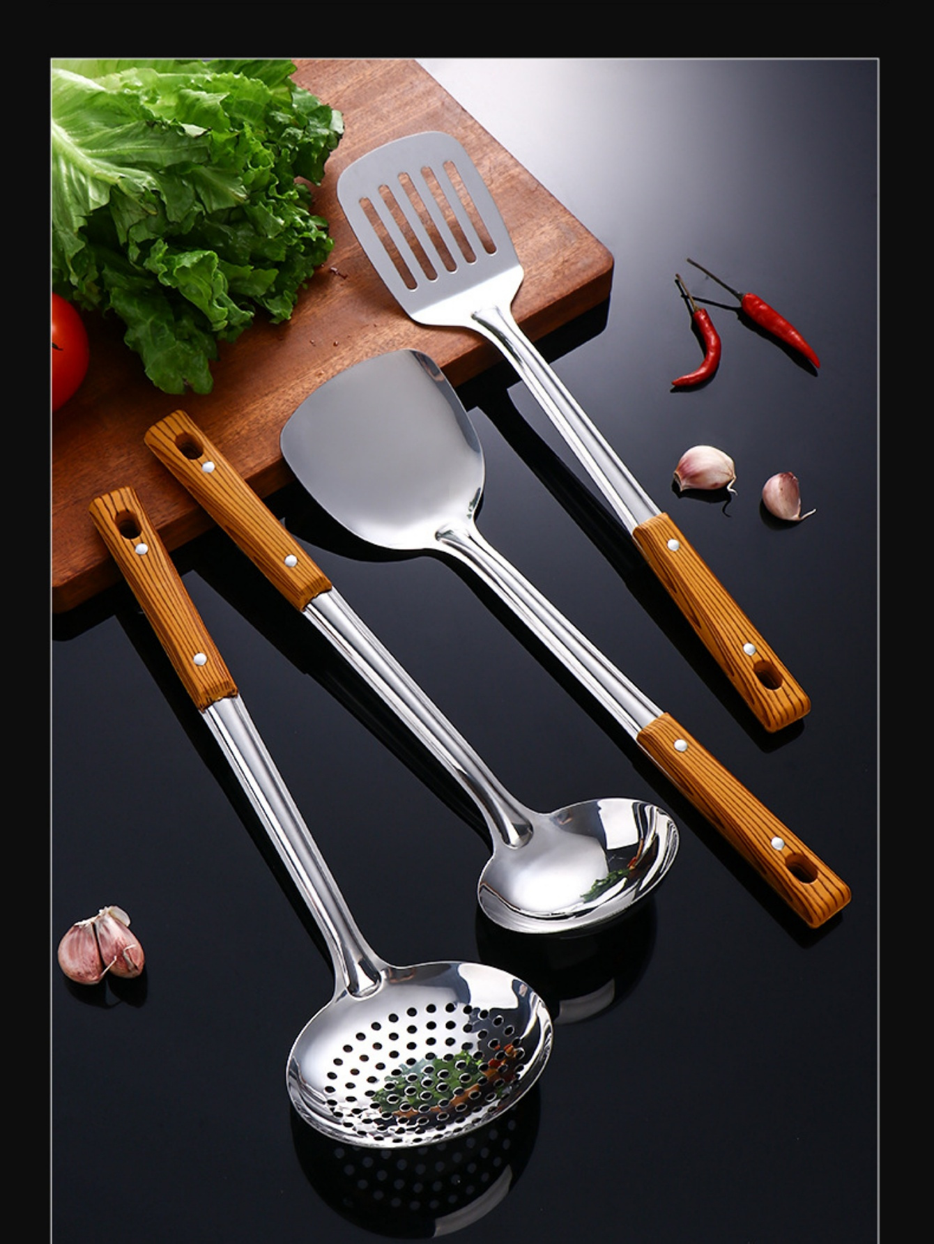 5pcs kitchen cooking utensil set wood grain handle heat resistant thickened stainless steel spatula ladle serving spoon strainer non   food contact safe home kitchen supplies details 7