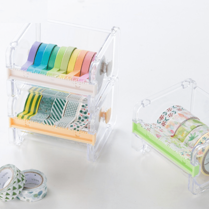 Clear Acrylic Washi Tape Dispenser, Multiple Rolls Desk Organizer, Plastic Office Tape Holder with Cutter