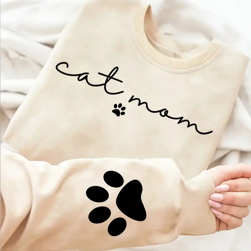 

Women's Casual Polyester Sweatshirt With Cat Lover Letter Print And Paw Design, Crew Neck, Geometric Pattern, Knit Fabric Top