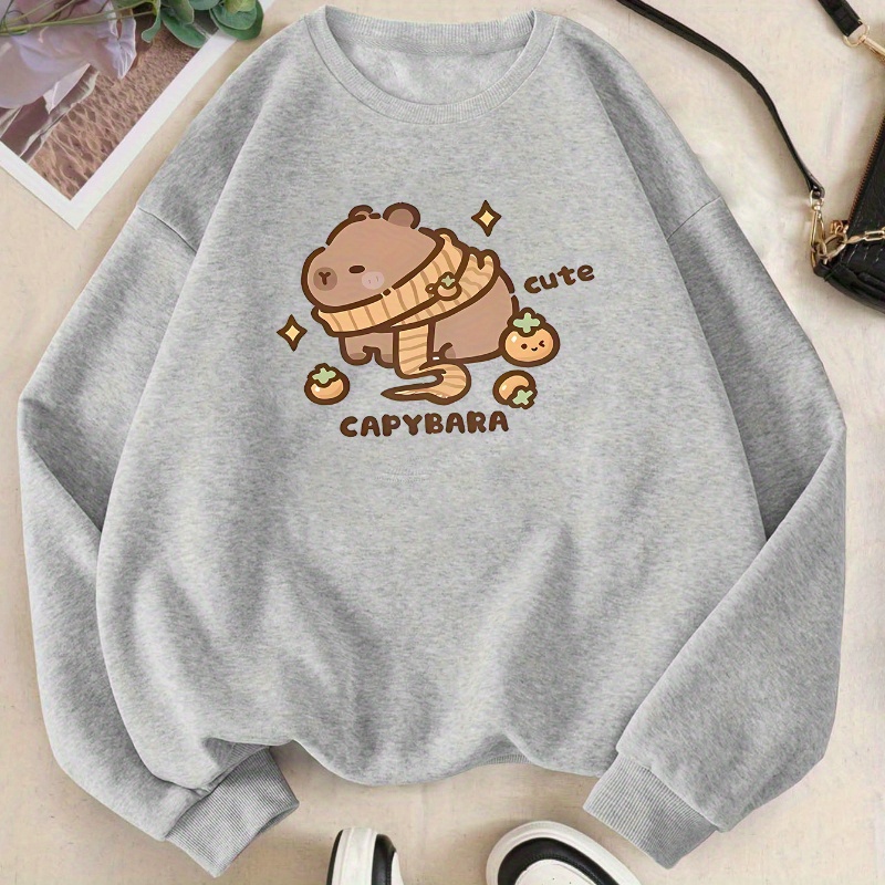 

Cute Capybara Print Long Sleeve Sweatshirt, Sports Crew Neck Comfortable Pullover Top For Women