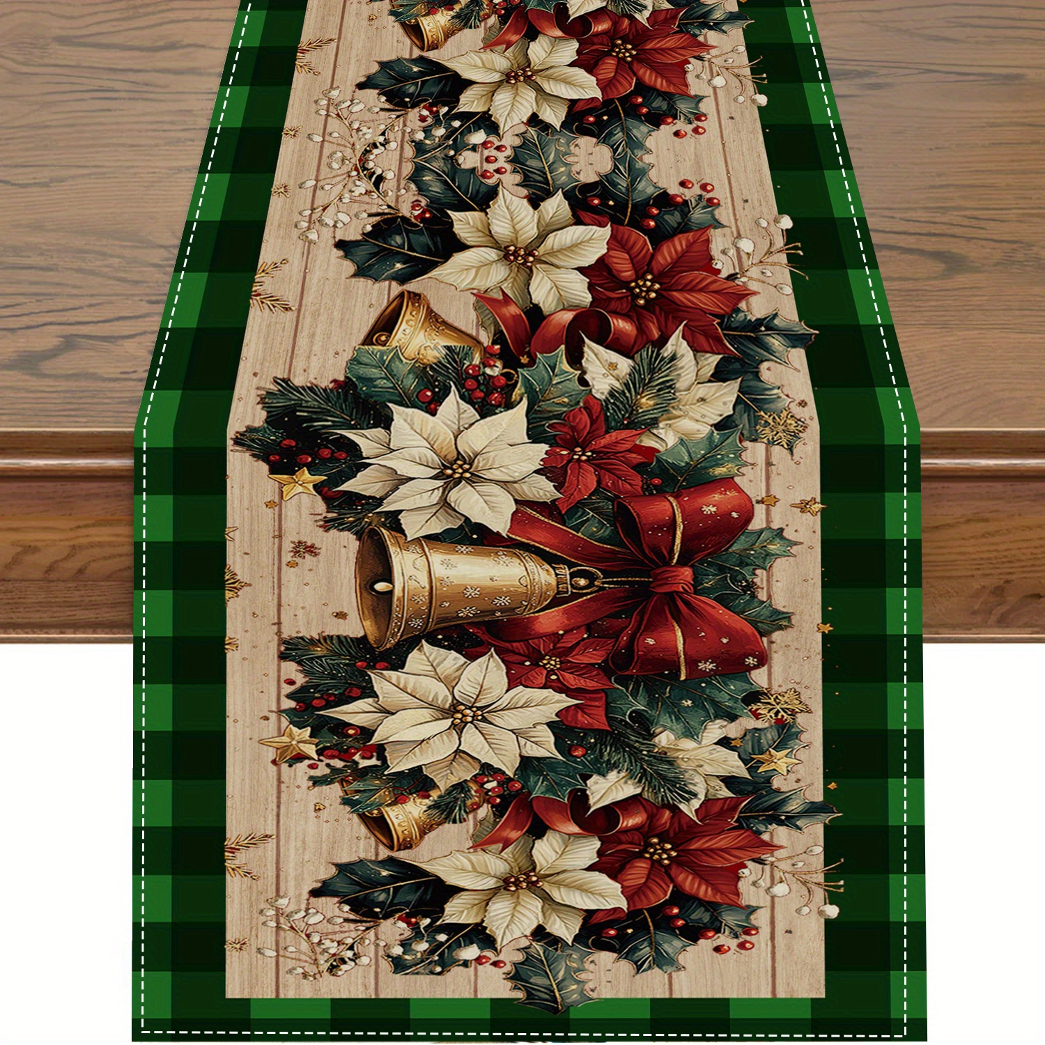 

Merry Christmas Green Table Runner With & Balls - , Christmas Decor