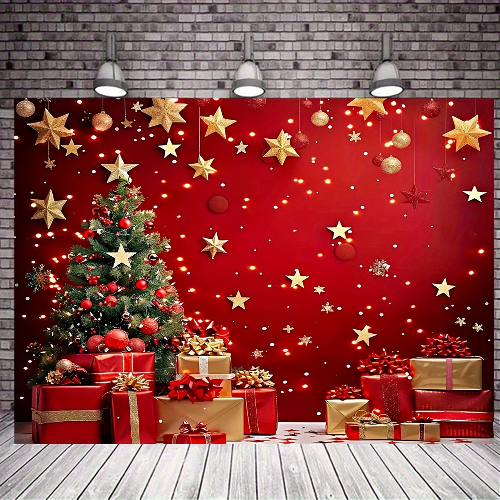 

1pc Polyester Christmas Backdrop Banner, Generaling Fit Tailgating Party Wall Decor, Red & Golden Tree And Gift Design, No Power Required, Holiday Indoor Outdoor Decoration 39x59 Inch