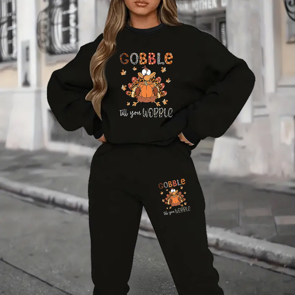 

Women's Cozy Thanksgiving Turkey Print Sweatshirt & Joggers Set - , Warm Polyester With Pockets, Machine Washable