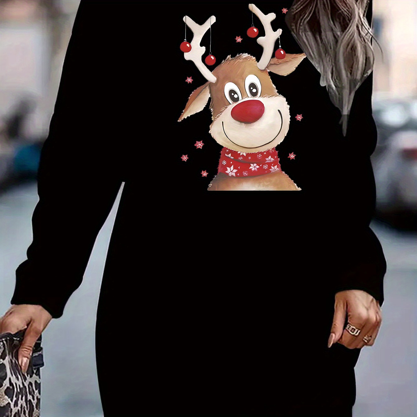 

Plus Size Christmas Reindeer Print Sweatshirt Dress Long Sleeve Polyester Knit Crew Neck Casual Loose Fit Fall/winter Dress For Women