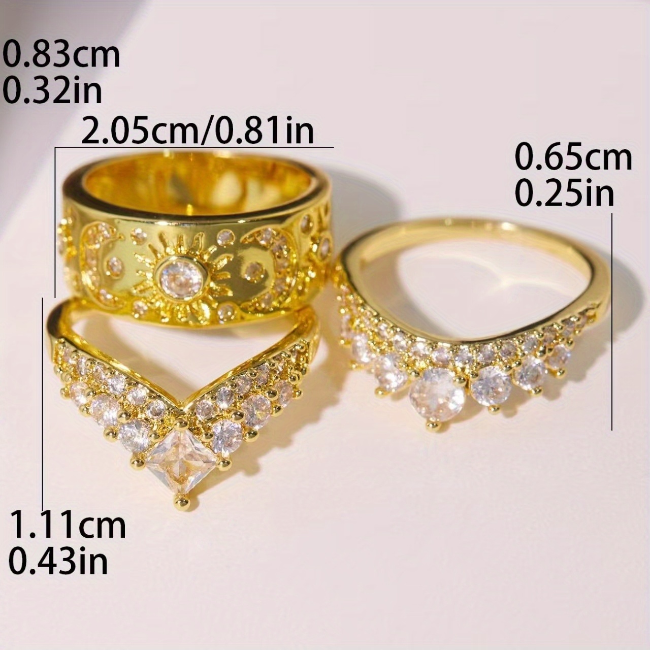 3-Piece Women's Engagement & Wedding Ring Set 18K Plated Copper