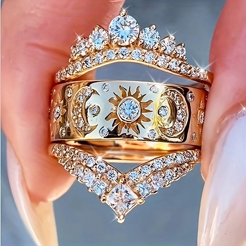 3-Piece Women's Engagement & Wedding Ring Set 18K Plated Copper