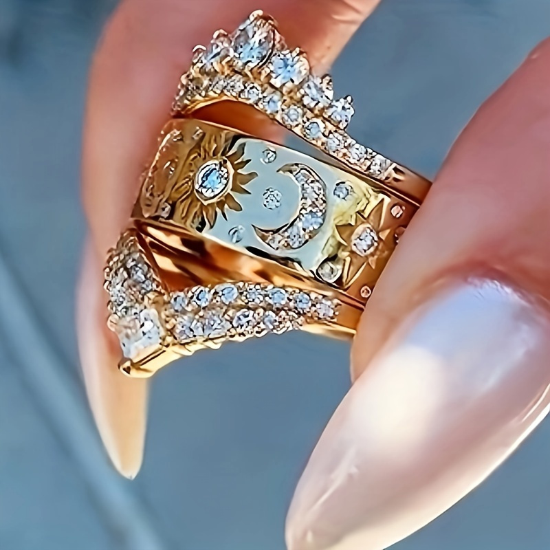 3-Piece Women's Engagement & Wedding Ring Set 18K Plated Copper