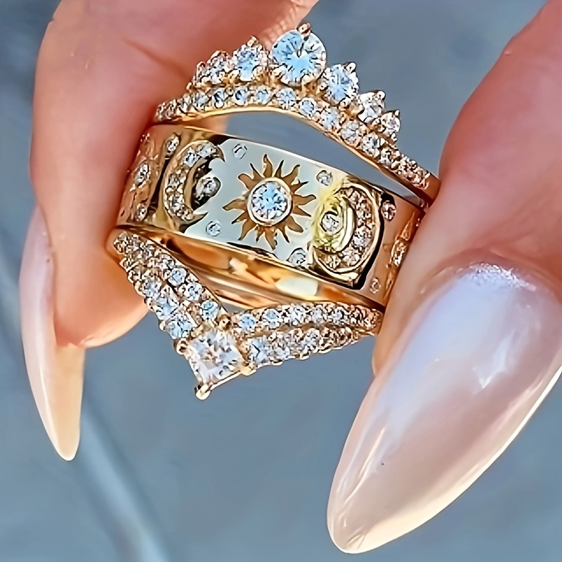 3-Piece Women's Engagement & Wedding Ring Set 18K Plated Copper