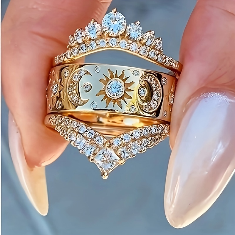 3-Piece Women's Engagement & Wedding Ring Set 18K Plated Copper