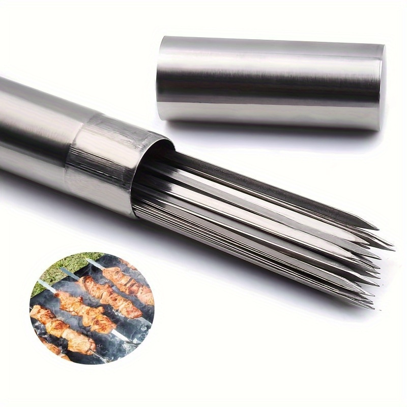 E-shop 50 Stück Wiederverwendbare Grillspieße aus Edelstahl & 1 Aufbewahrungstube für das Grillen, für Outdoor Camping, Picknick, BBQ, Aufkleber für