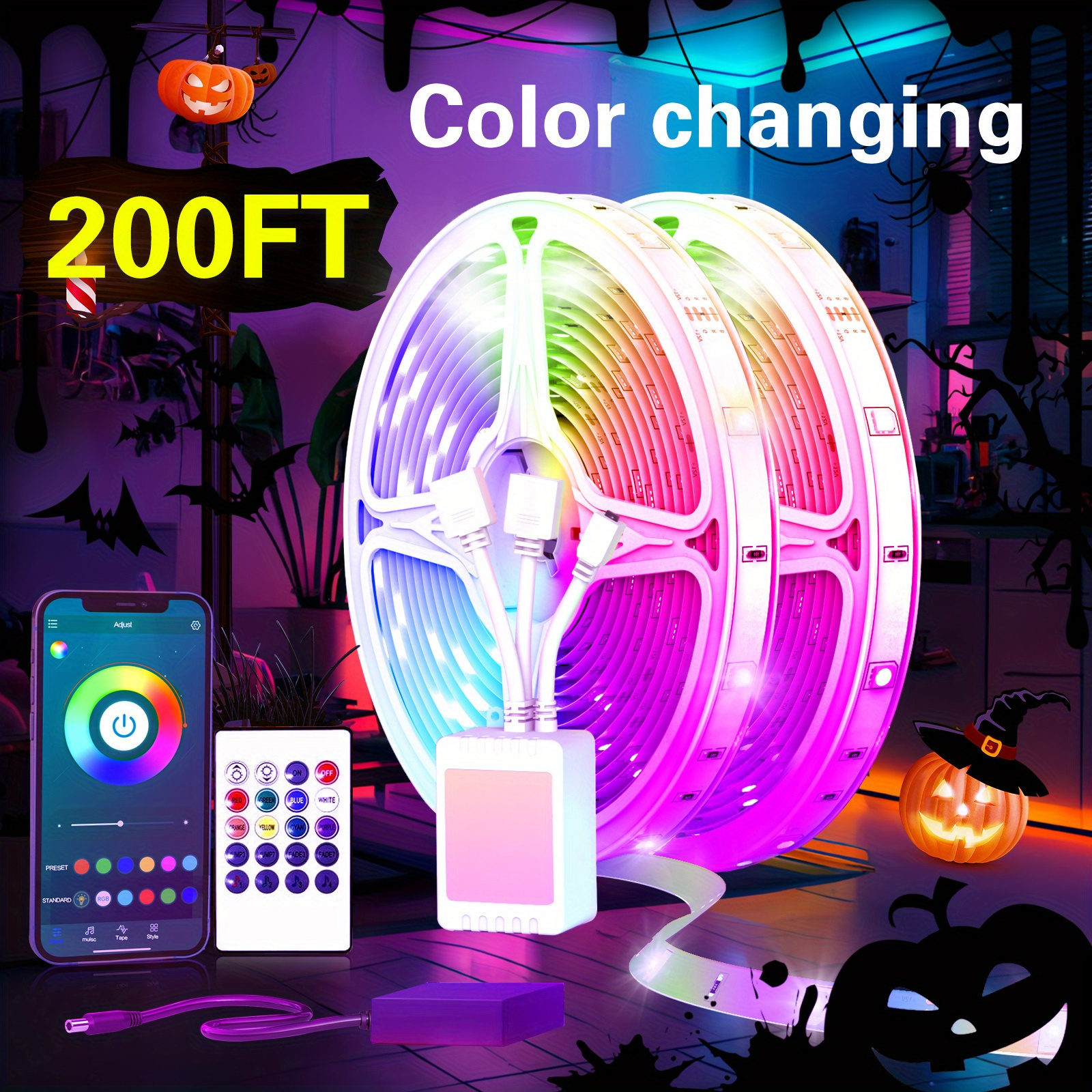 

200ft Smart Led Light Strip, App And Remote Control, 2835 Rgb Led Light, Music , For Hotel Restaurants, Street Venues, For Business, Party, Halloween Decor (2 Rolls Of 30m)